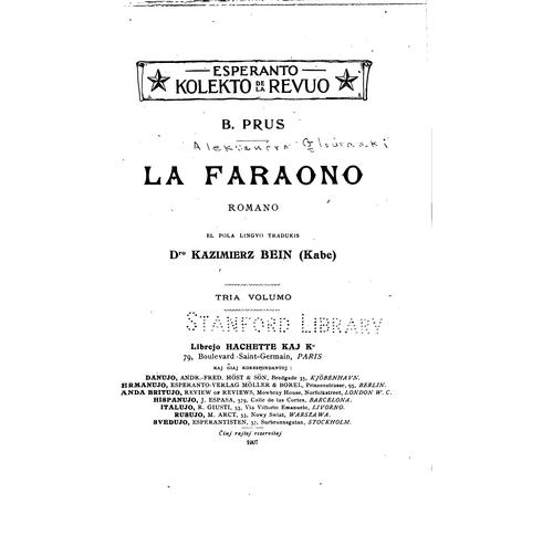 Gyula Baghy: La Faraono (Hungarian language, 1907, Presa Esperantista Asocio)