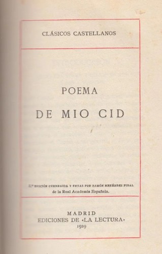 Anonymous: Poema de mio Cid (Spanish language, 1929, La Lectura)