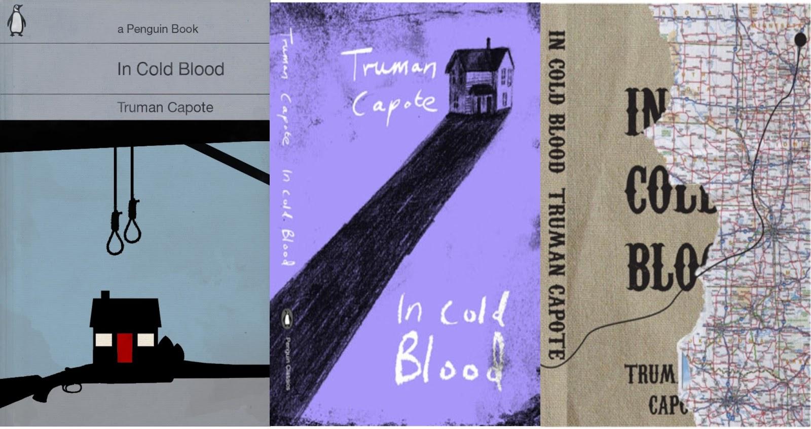 Tres versiones diferentes de diseño de portada para la novela A sangre fría de Truman Capote. Pertenecen a ediciones en inglés de la editorial Penguin.