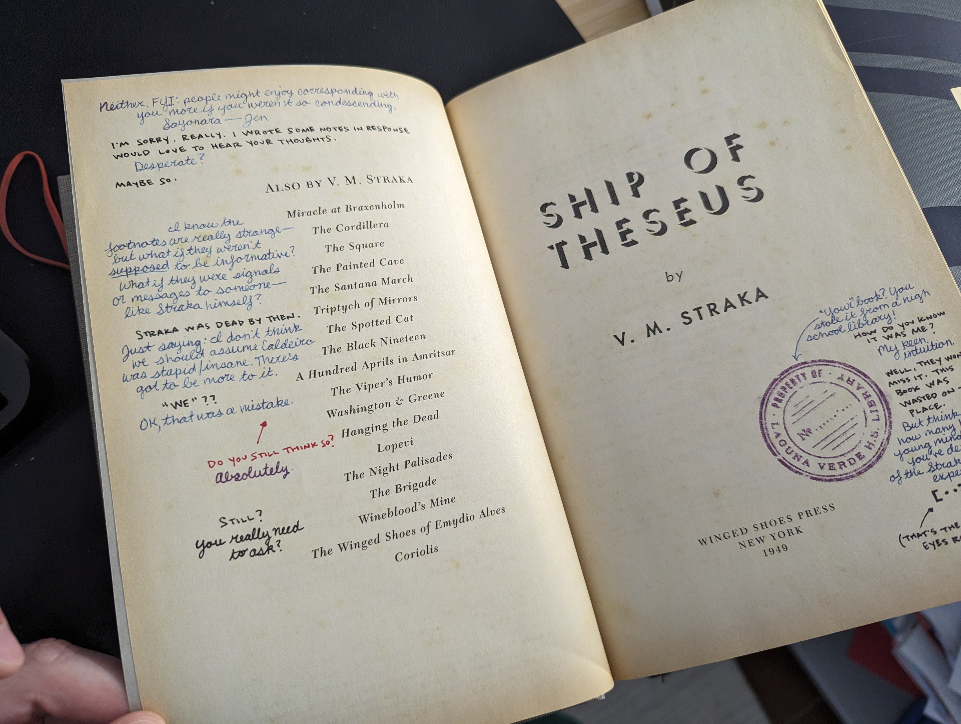 The title pages of the book contains some notes written by two different fictional characters.