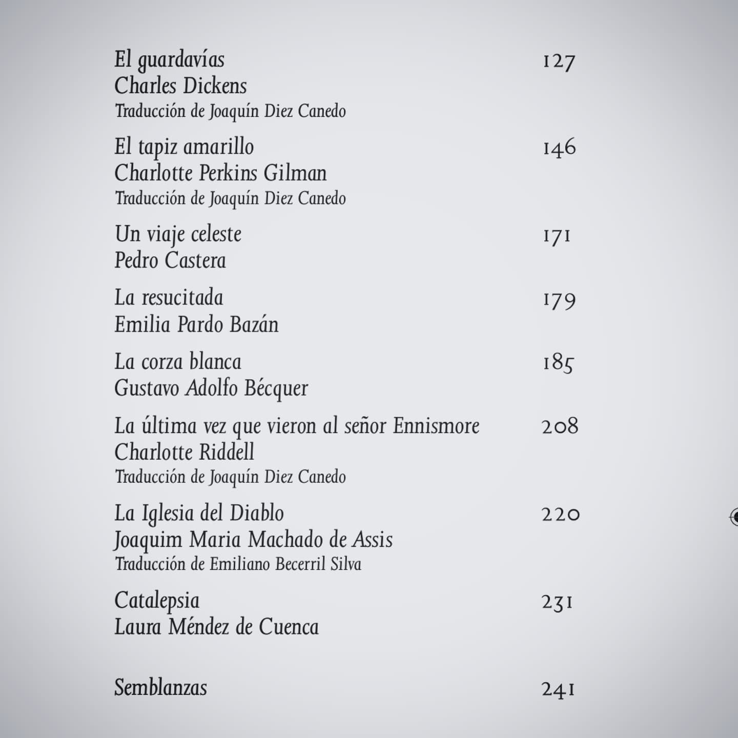 Segunda parte del índice de la antología "El Ángel de lo Extraño". Se indican textos de Charles Dickens, Charlotte Perkins Gilman, Pedro Castera, Emilia Pardo Bazán, Gustavo Adolfo Bécquer, Charlotte Riddell, J. M. Machado de Assis, Laura Méndez de Cuenca.